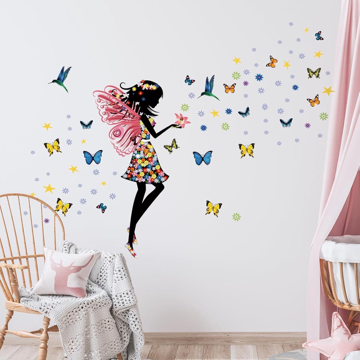SnelShoppen - Tanlaby Muurstickers Bloemen Fee Vlinder Meisje, DIY Verwijderbare Vinyl Wanddecoratie voor Kinderen, Baby Peuter Kamer, Roze, Veilig vo