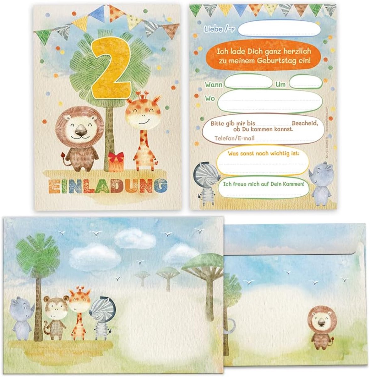 SnelShoppen - 12 uitnodigingskaarten met 12 enveloppen voor 2e verjaardag, kinderen, dieren, feest, jongens en meisjes, 10.5x14.8 cm, zelfklevend