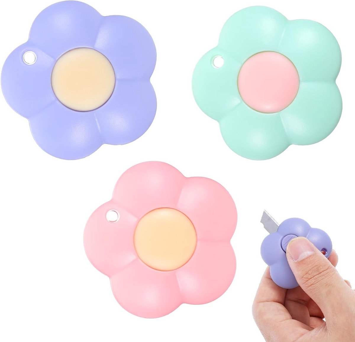 3 Stuks Mini Intrekbare Utility Mesjes voor Dozen, Karton en Papier | Bloemvormige Box Cutters met Sleutelhanger voor Handig Gebruik