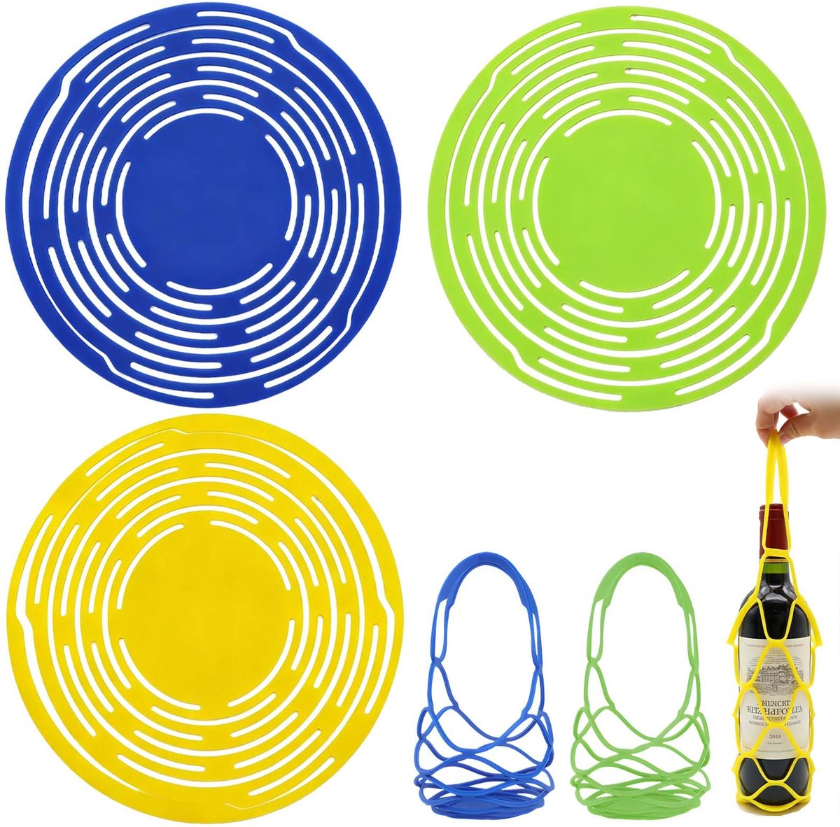 Namajunas - Siliconen wijnfles netzak - Rekbare draagbare wijnnetzak - 3 stuks en 1 gratis, totaal 4 stuks - Licht en herbruikbaar - Perfect voor allerlei flesjes en als onderzetters te gebruiken - Cadeau voor drank liefhebbers