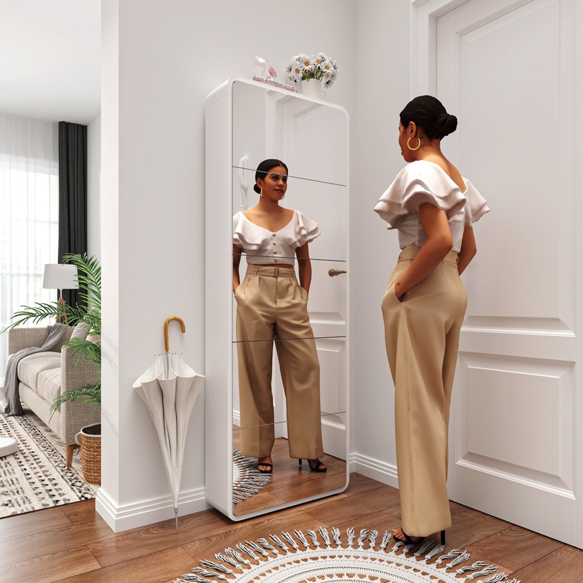 Pugsdrly Schoenenkast met spiegel en 5 uitklapbare lades, schoenenkast met spiegel en boogvormig ontwerp, vrijstaande kantelbare schoenenorganizer, voor de hal, wit