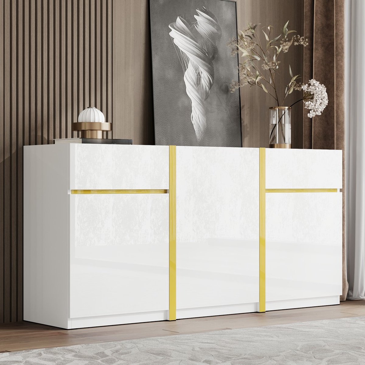 Pugsdrly Luxe dressoir, hoogglanslak, moderne opbergkast, drie deuren en twee lades, geschikt voor de woonkamer, eetkamer en hal; minimalistisch meubelstuk.