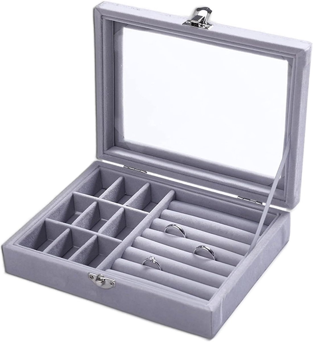 Sieradenopbergdoos met 9 vakken, transparant deksel, ideaal voor het organiseren van sieraden en accessoires