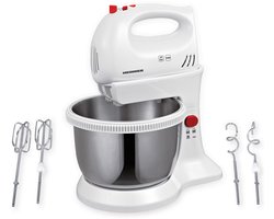 Heinner Mixer met Mengkom – Elektrische Handmixer met Standaard – 300 W – Mengkom van 3,4 L – 5 Snelheden en Turbofunctie – 2 Gardes en 2 Deeghaken – Afneembare Mixer – Wit