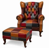 Chesterfield Fauteuil + Hocker - Patchwork Multicolor - Leer - Stoel Chesterfield - Arm Chair - Lounge Chair - Clubfauteuil - Relaxfauteuil - Loungestoel - Zetel