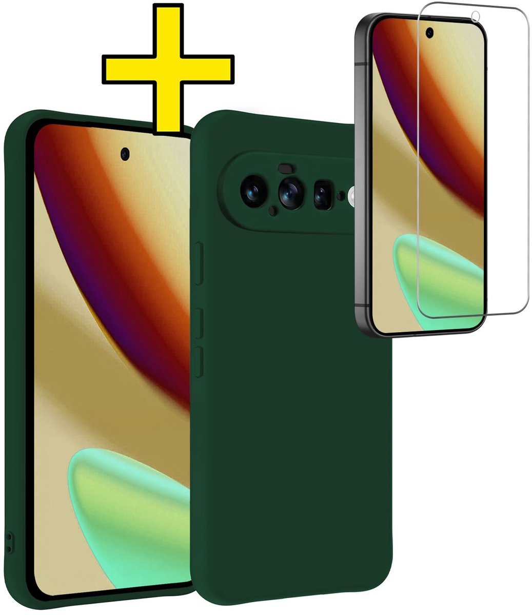 Hoesje - Met Screenprotector - Geschikt voor Google Pixel 11 - Sterk & Shockproof - Back Cover - Siliconen Case - Telefoon Hoes - Telefoonhoesjes - Donkergroen