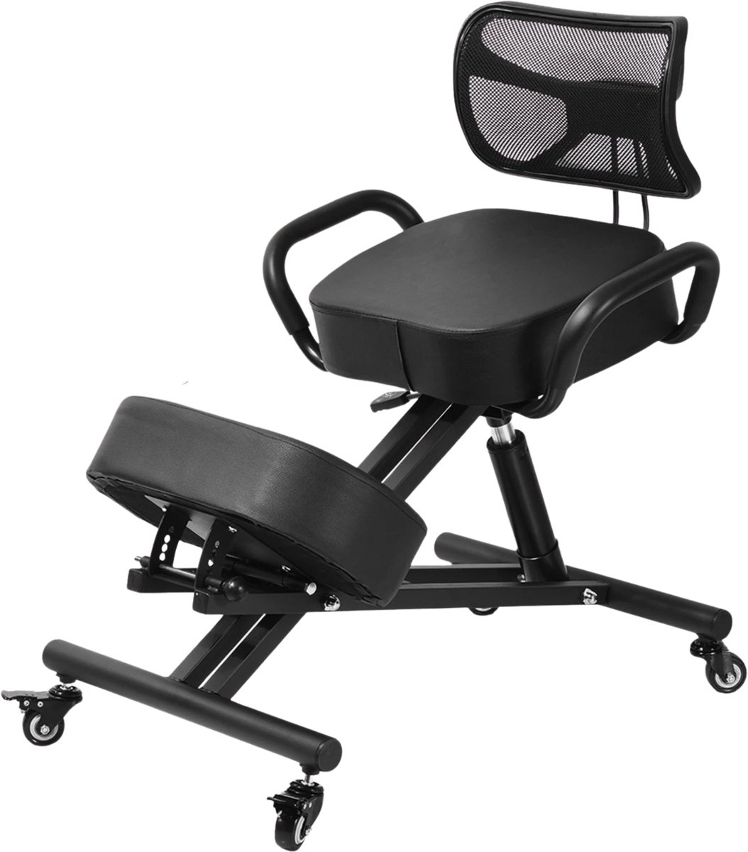 Stervia Kniestoel Met Rugleuning - Stoel - Bureaustoel - In Hoogte Verstelbaar - Zachte Bekleding - Zwart - 70-80 x 46.5 x 80-90 cm