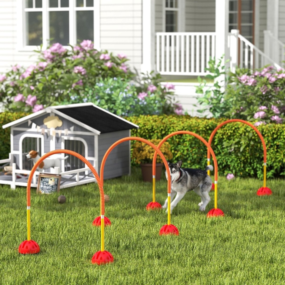 Honden agility set slalom 100 x 19,5 x 95 cm - 4 verstelbare poorten, tragetas, oranje en geel
