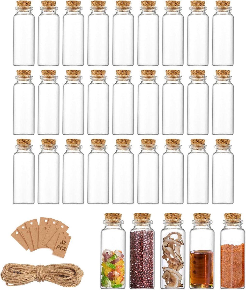 SnelShoppen - Set van 32 Glazen Flessen met Kurk 40ml, Mini Glazen Potjes voor DIY Decoratie, Labels en Touw, Perfect voor Bruiloften en Feestjes