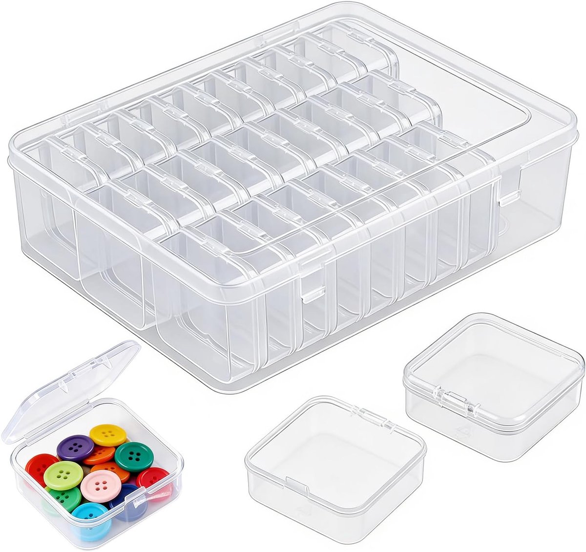 SnelShoppen - Pack van 30 kleine opbergdozen (5.5 x 5.5 x 2 cm), plastic mini opbergdozen met deksel voor sieraden, kralen, kleine onderdelen, doorzic