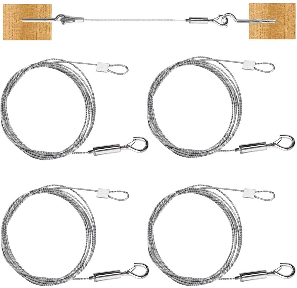 SnelShoppen - 4 Stuks RVS Draadkoorden 1.5 mm x 2 m, Roestvrij Staal Kabel voor Ophangen, Stalen Touw met Lussen en Oogjes, Verstelbaar voor Gordijnen