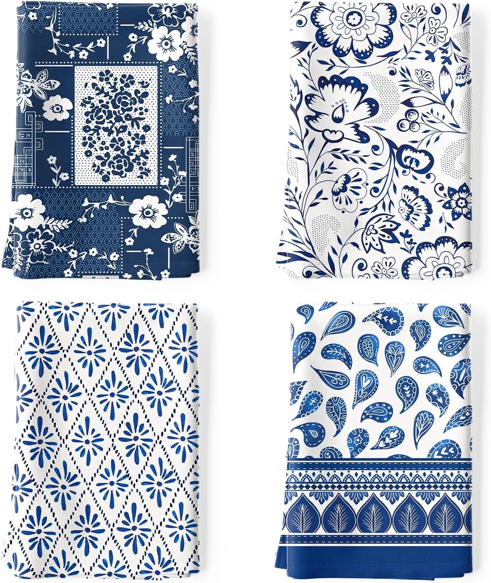 SnelShoppen - Retro Blauw Patroon Keuken Handdoeken Set van 4, 100% Katoen, Multifunctionele Sneldrogende Theedoeken 48x70cm voor Keuken, Bar en Handg