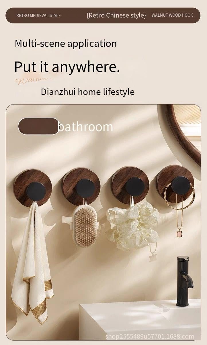 SnelShoppen - Set van 6 Zuignap Haken in Walnootlook - Extra Sterke Zuignappen met Haken, Handdoekhouder zonder Boren voor Badkamer, Keuken, Glas en S