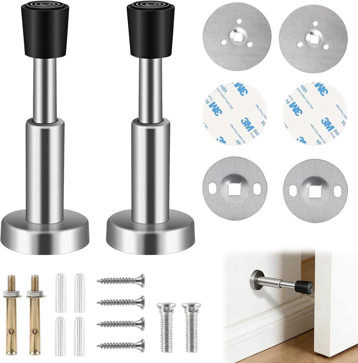 SnelShoppen - Door Stopper RVS Zelfklevend Muur Deurstopper met Rubber Buffer Wandbescherming voor Harde Vloeren en Muren 10 cm Pack van 2