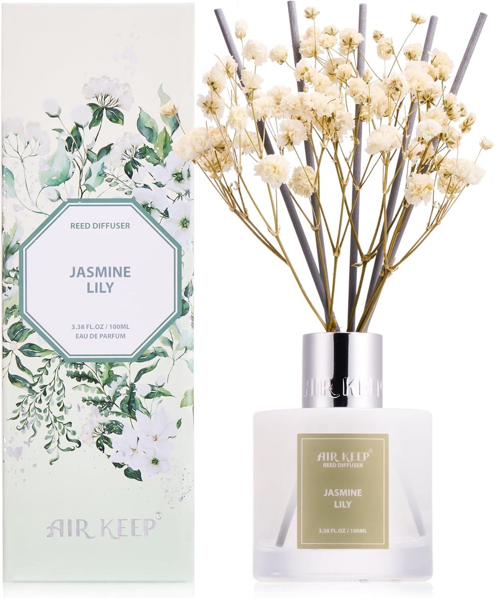 SnelShoppen - Reed Diffuser Jasmine Lily - 100 ml Luchtverfrisser met 8 Geurstokjes - Stijlvolle Geurverspreider voor Woonkamer, Badkamer, Slaapkamer,