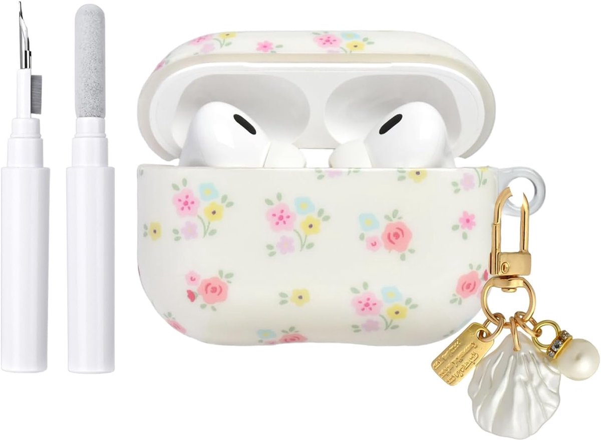 SnelShoppen - AirPods Pro 3 Hoesje met Reinigingsset, Schattig Bloemen Design, Elegante Bloemen, Zacht TPU Beschermhoes voor Meisjes en Vrouwen - Wit,
