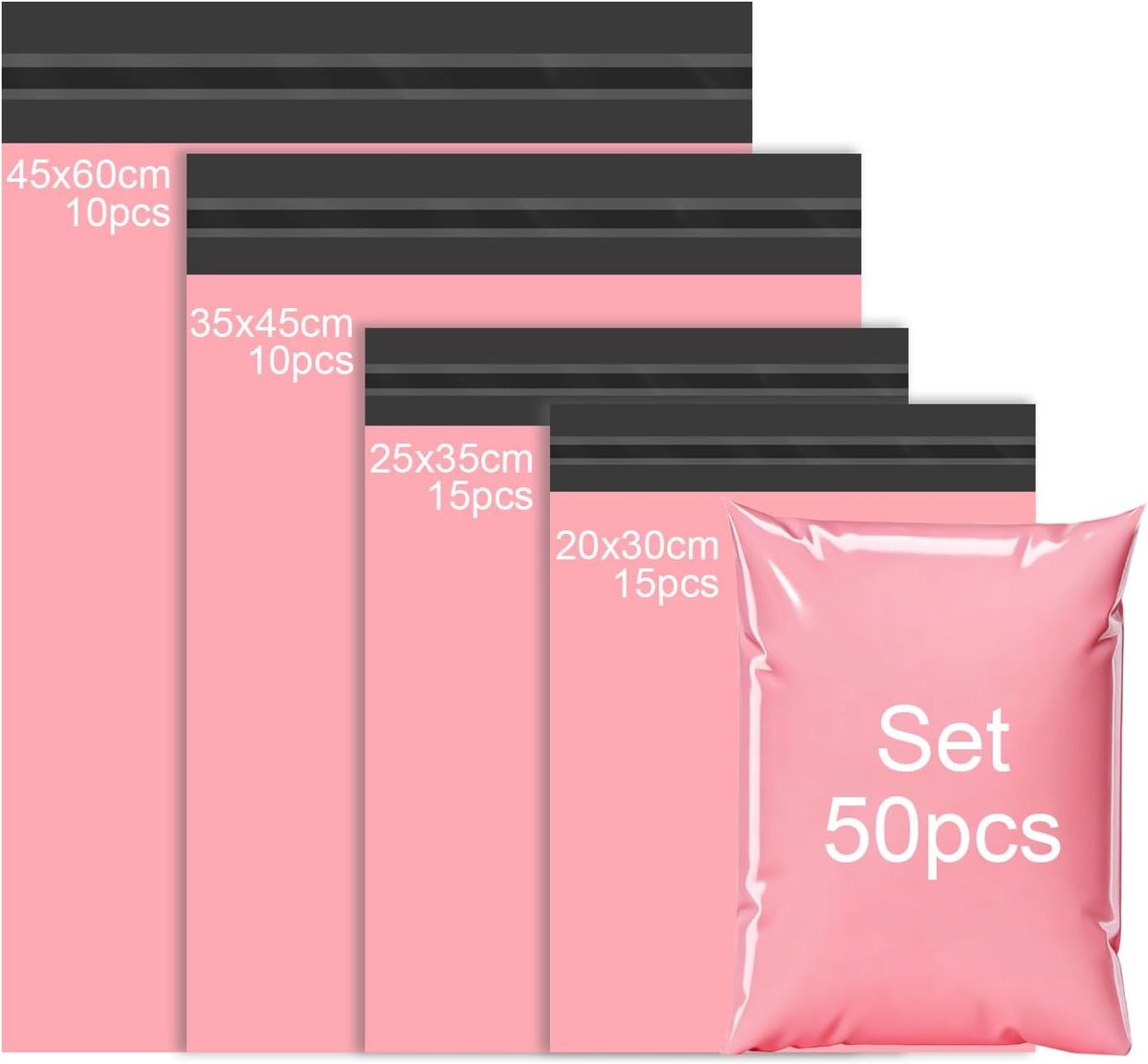 SnelShoppen - Plastic Verzendzakken, Vinted Pakketverpakking, Zelfklevende Opaque Tas, Roze, S/M/XL/XXL - 50 stuks, Perfect voor Mode en Schoenen