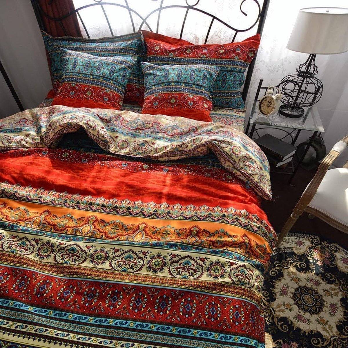 SnelShoppen - Boho Style Bedding Set 155x220cm + 80x80cm - 100% Katoen Dekbedovertrek en Kussenslopen - Ademend en Comfortabel voor Elke Seizoen