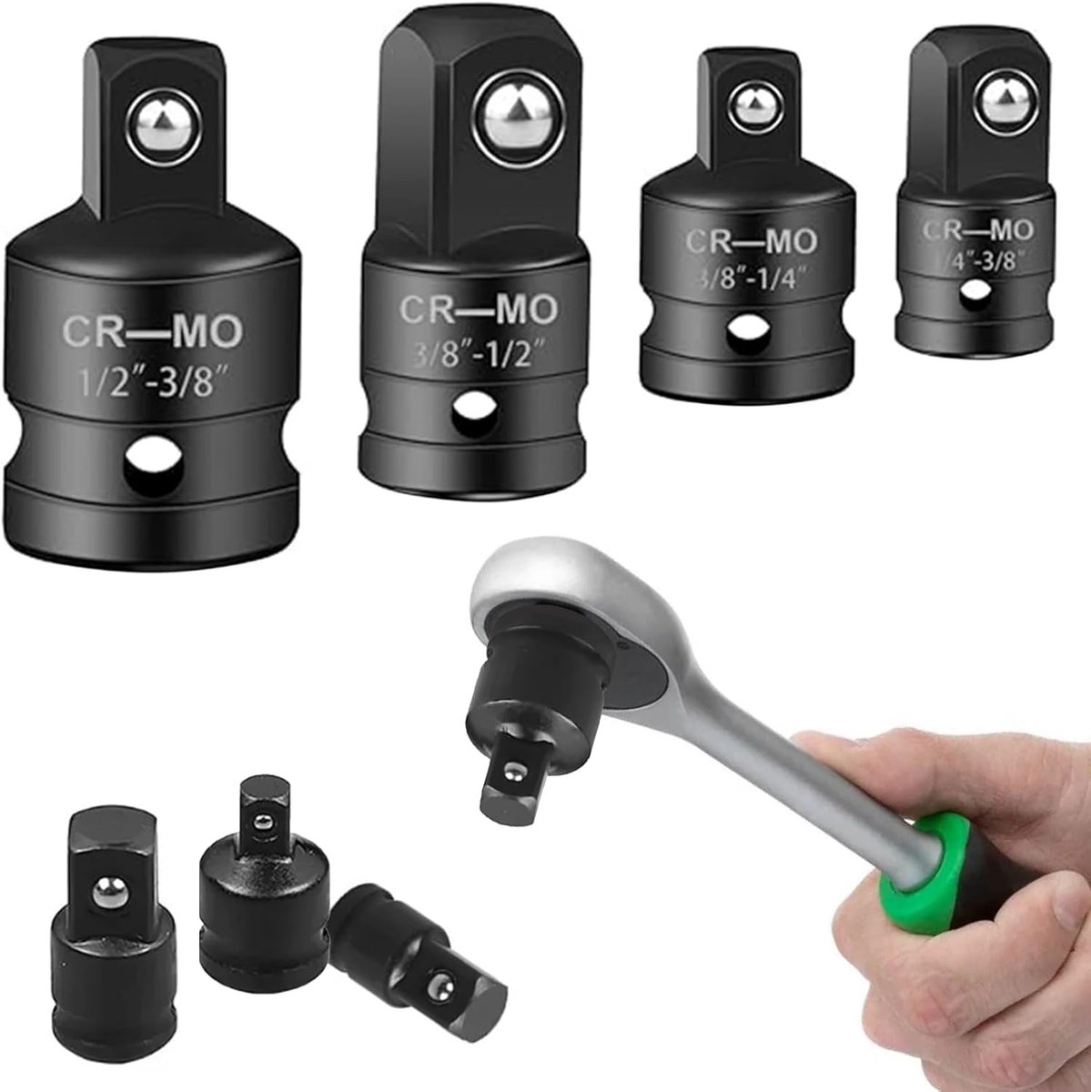 SnelShoppen - 4-delige Socket Wrench Adapter Set - Chrome-Molybdeen Staal - 1/4 naar 3/8, 3/8 naar 1/4, 3/8 naar 1/2, 1/2 naar 3/8 - Hoogwaardige Duur
