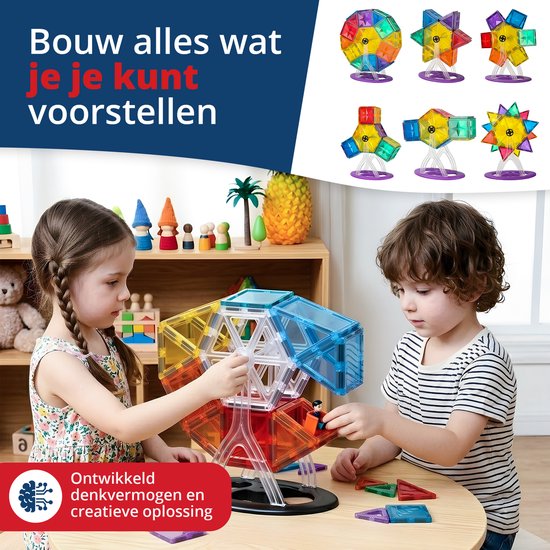 Twee kinderen bouwen met de magnetische tegels. Ze maken verschillende vormen, waaronder een reuzenrad. "Bouw alles wat je kunt voorstellen".