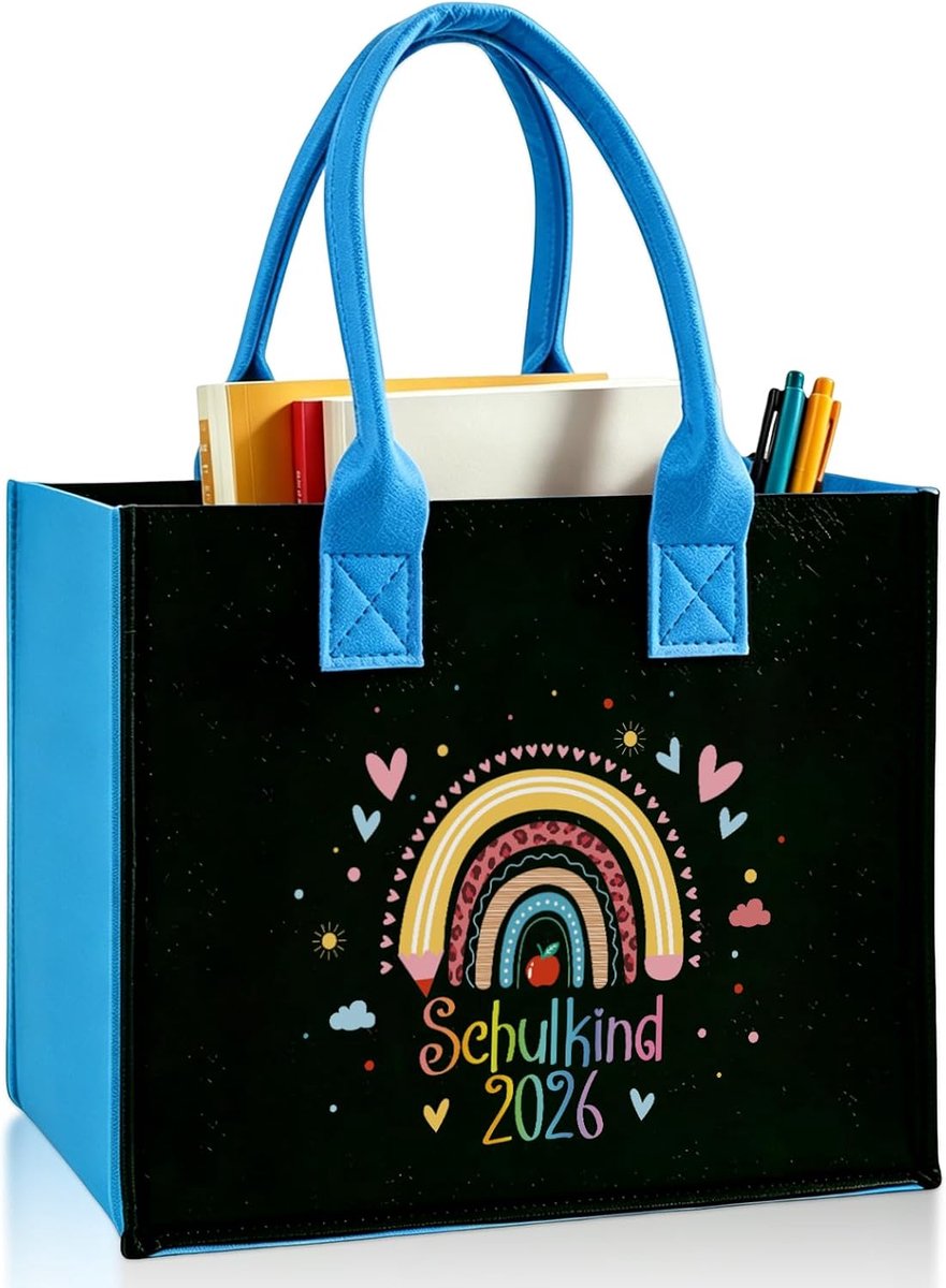 SnelShoppen - Vilten Tas voor Schoolkind 2026, Regenboog Shopper Tas van Vilt, Eerste Schooldag Cadeau, Kindertas met Harten en Sterren, Duurzaam en C