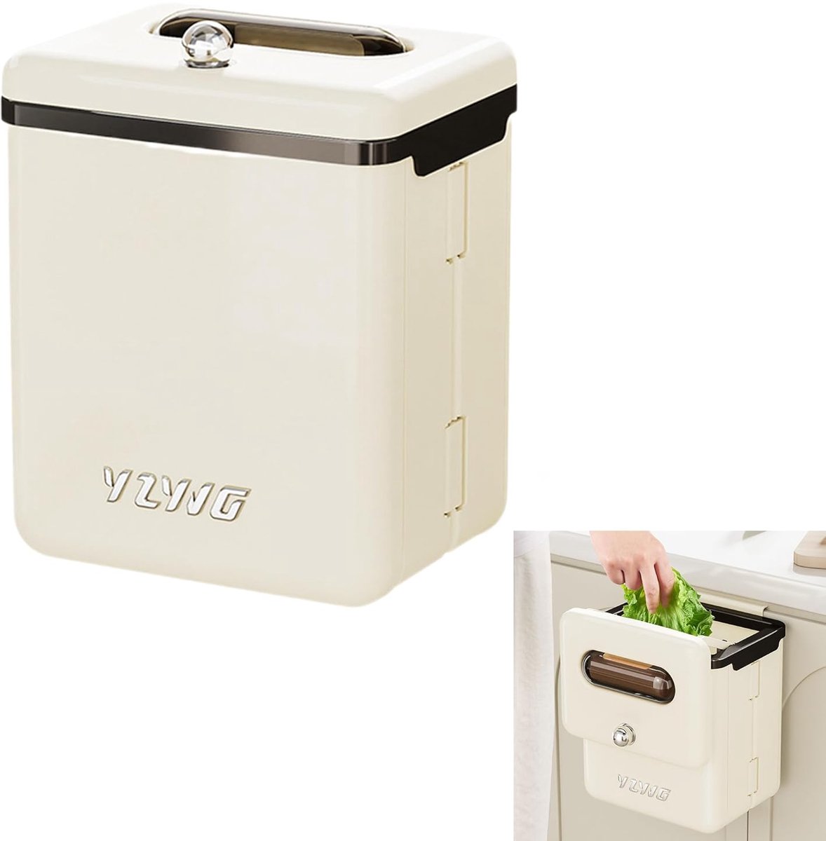 SnelShoppen - Vouwbare Keukenafvalbak met Hangend Deksel - 1 Stuk Crème - Wandgemonteerde Plastic Prullenbak voor Keuken, Slaapkamer, Woonkamer, Carav