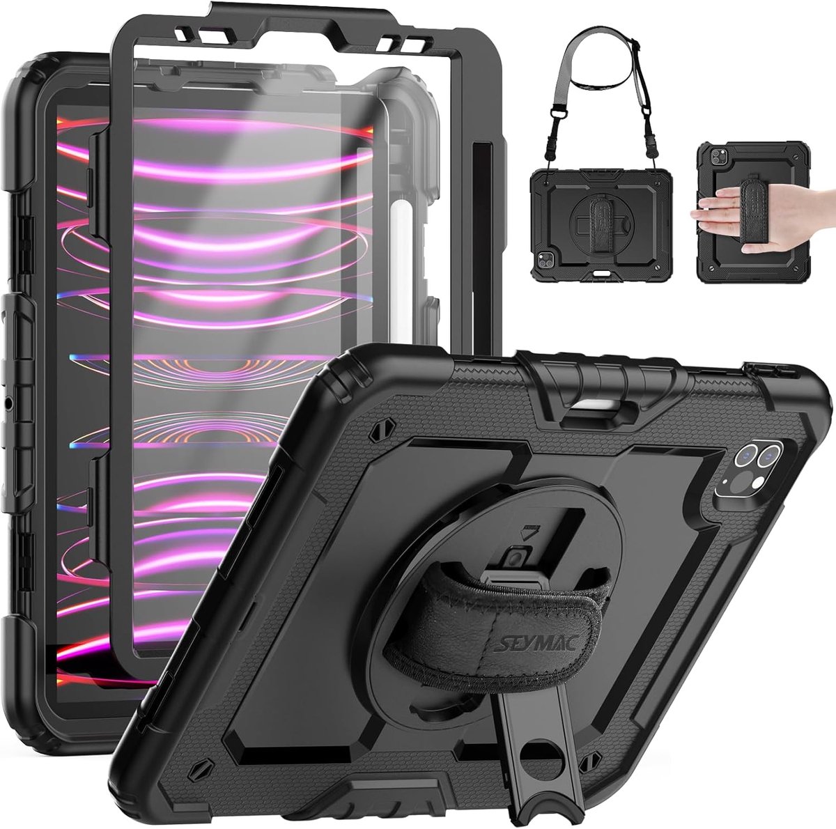 SnelShoppen - Shockproof iPad Pro 11 inch Case 2022/2021/2020/2018 - 360° Rotatable Kickstand, Hand Strap, Shoulder Strap, Pen Holder, Zwart - Volledi