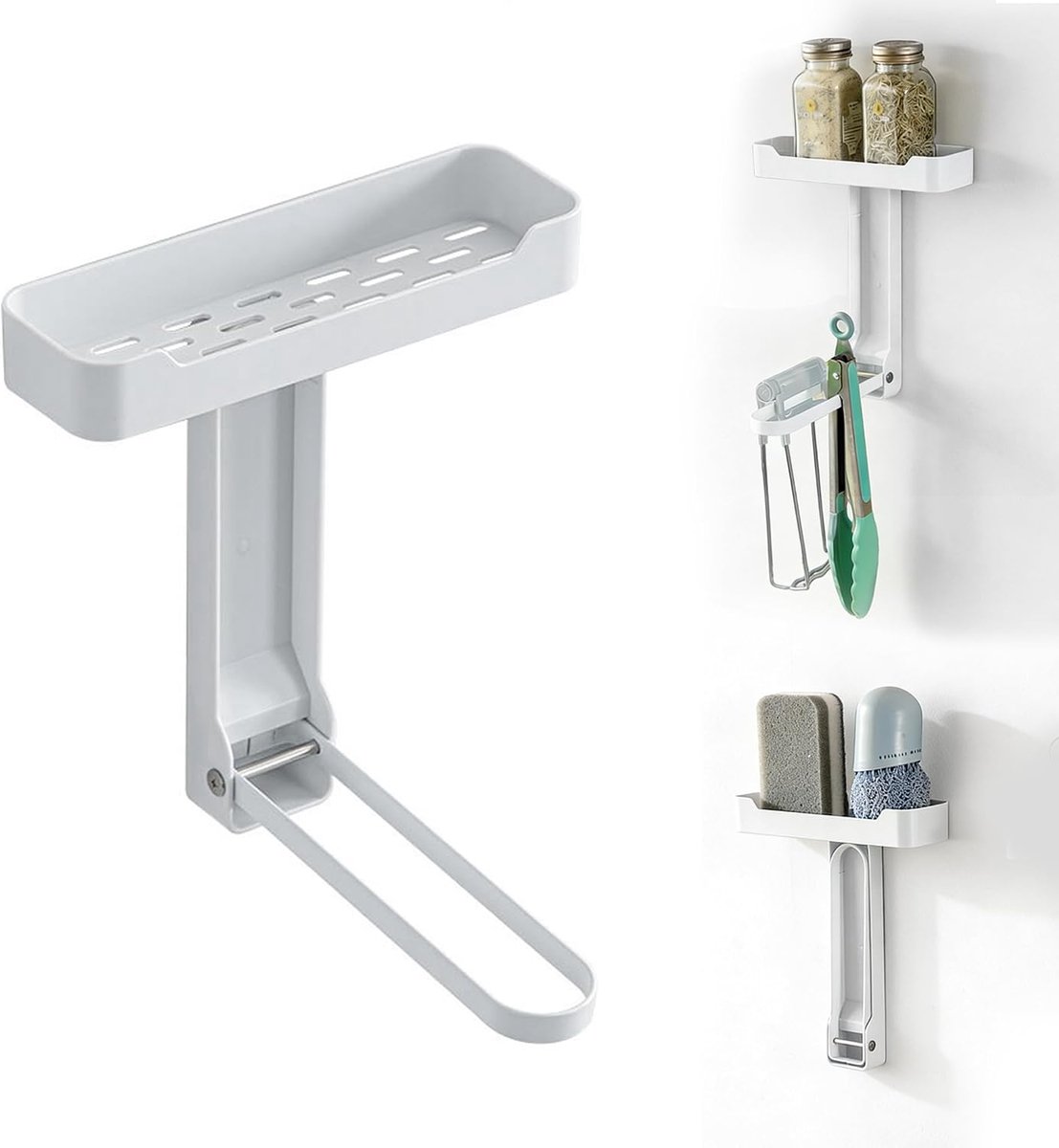 SnelShoppen - Gootsteenorganizer met Inklapbare Sponshouder, Roestvrijstalen Keukenspoelbak Organizer, Zelfklevend en Boren Vrij, Ideaal voor Keuken,