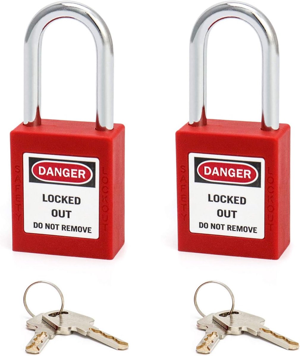 SnelShoppen - 2x QWORK Lockout Padlocks 38mm Rood - Hoogwaardige Thermoplastische Hangsloten - Duurzaam en Veilig met Labels - Perfect voor Werkplek e