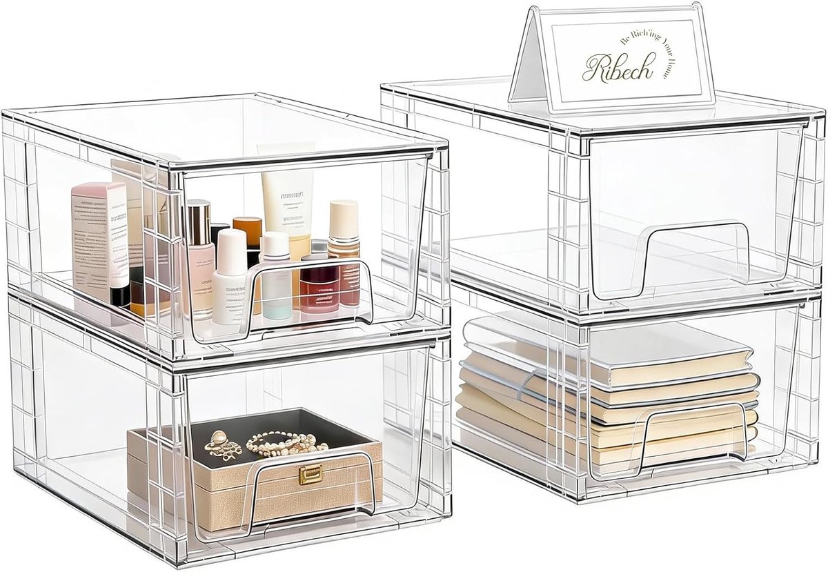 SnelShoppen - Set van 4 Opslagladen met Verdelingsplaat - Duidelijke Acryl Opslagsysteem voor Bureau, Makeup, Keuken, Badkamer & Woonkamer