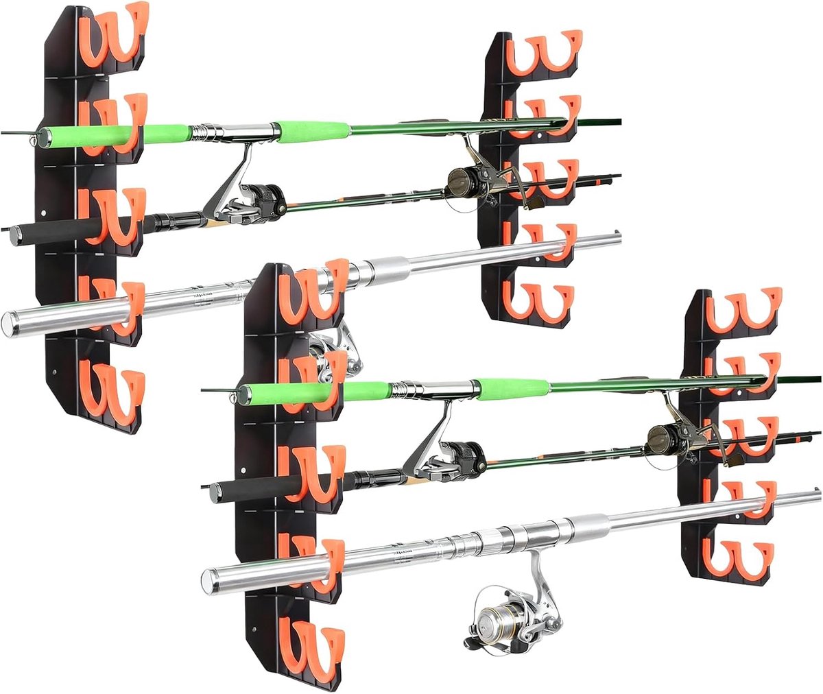 SnelShoppen - Rod Holders 2 Pairs Fishing Rod Rack, Opslag voor 20 Vissenstokken, Wand- of Plafondhouder, Robuust en Duurzaam, Oranje, Garage, Boot