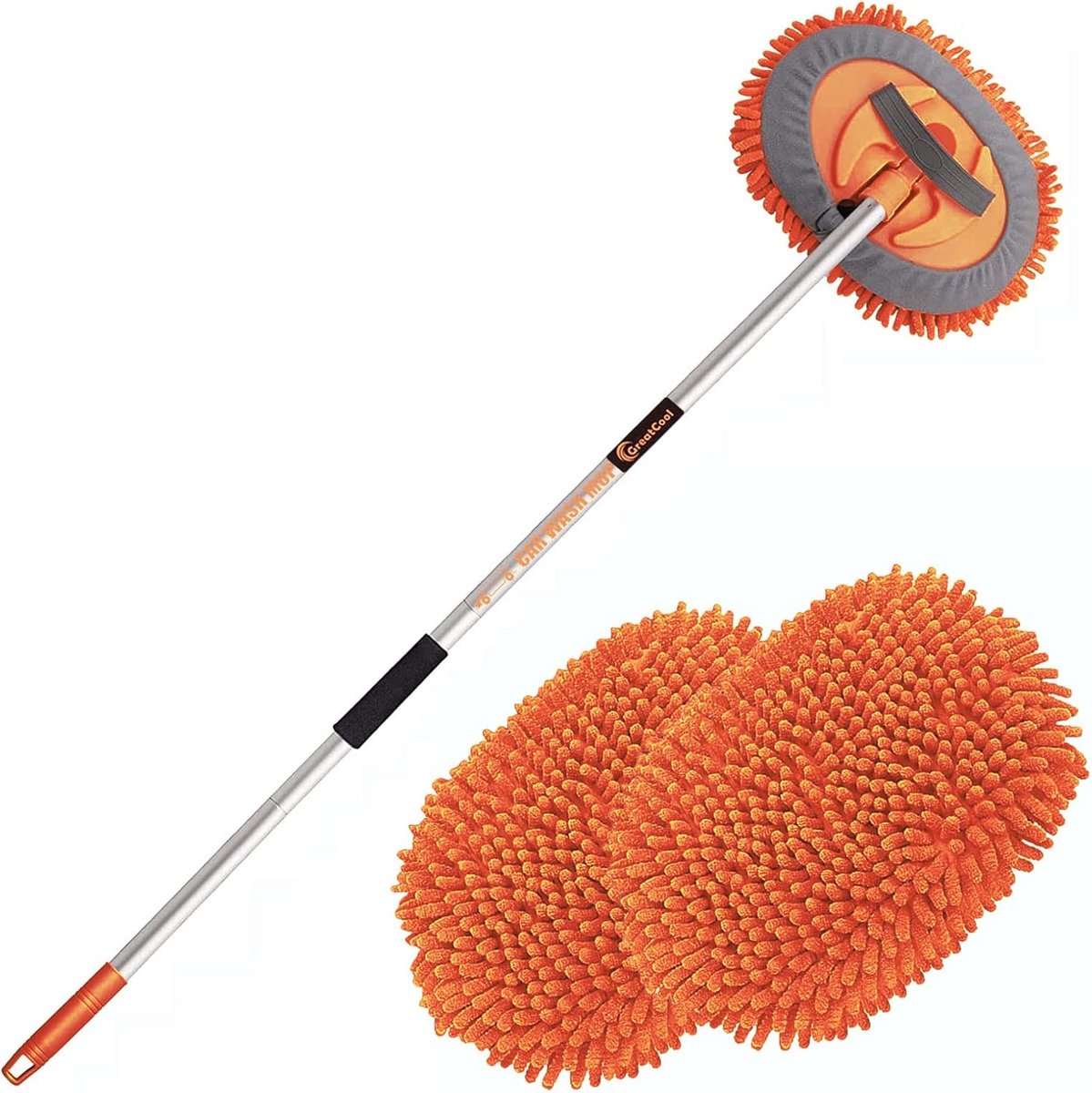 Thijox - Autowasborstel 160 cm met lange steel, 2-in-1 microvezel chenille, oranje, inclusief washandschoen en 2 borstelkoppen voor auto, camper en ca