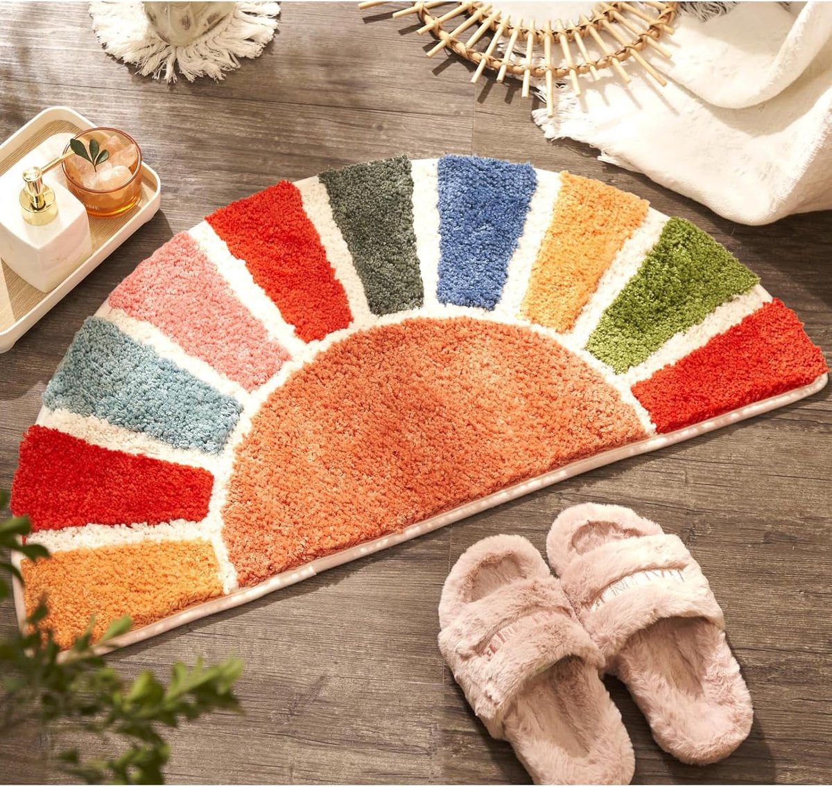 Thijox - Sonnenaufgang Boho Badmat Halve Cirkel 40 x 76 CM - Gekleurde Retro Douchemat, Pluizige Badkamer Decoratie, Bohemian Stijl, Perfect voor Bad