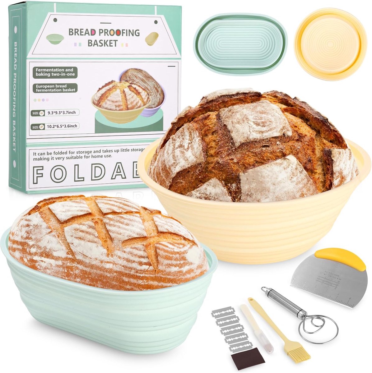 Thijox - LEAZZLE Gärkorb Set - Verbeterde 22 cm ronde en 26 cm ovale Siliconen Banneton Broodmanden, Inclusief Borstel, Bakkersmes en Deegbezem voor P