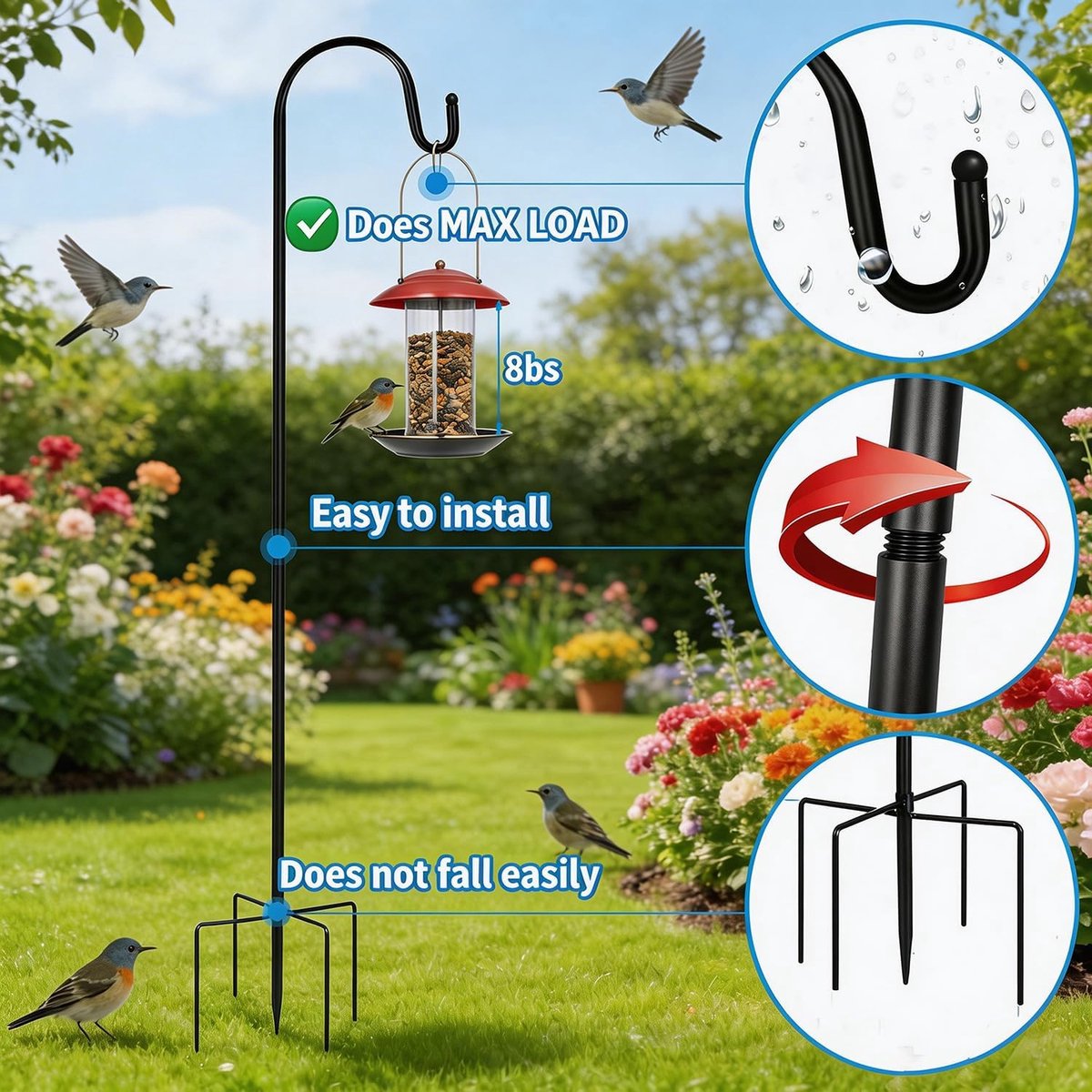 Thijox - Herders Crook Haken 2PCS 152cm Verstelbaar Metalen Tuin Haken Met 5 Prong Basis Voor Lantaarns, Plantenmanden, Tuinlichten, 3 Sectie Stokken