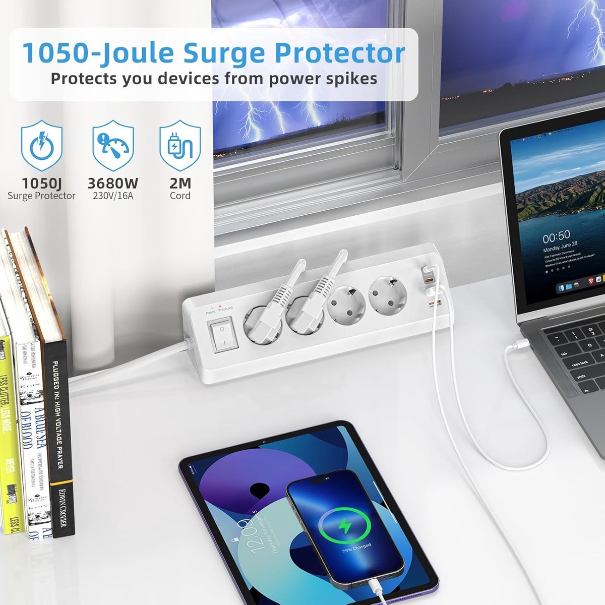 Thijox - Tafelstopcontact met USB C (PD 20W), 8-in-1 Stekkerdoos Bureau met Schakelaar, 4-voudig Meervoudige Stopcontact, 4 USB Poorten, Overspannings