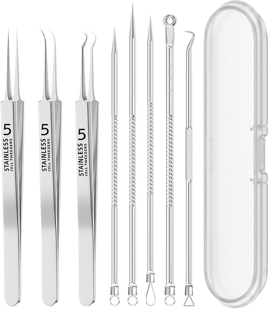 SnelShoppen - 8 Delen RVS Acne Verwijdering Set - Zwarte Hoofd Verwijder Tool - Ideaal Voor Gezichtsreiniging & Acne Behandeling - Duurzaam & Lange Le