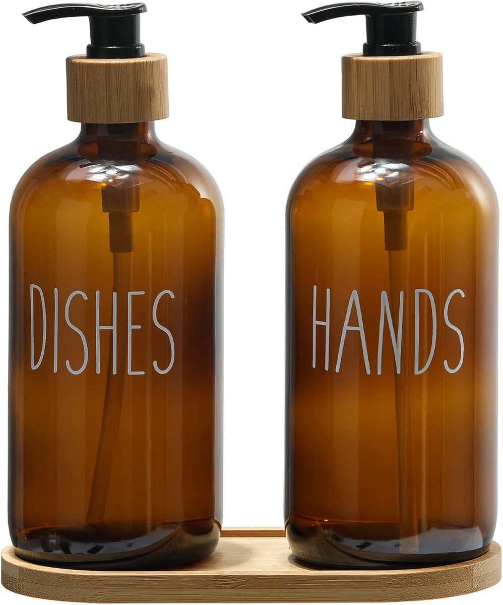 Thijox - Glazen Zeepdispenser Set met Bamboe Pomp voor Keuken en Badkamer, 2 Stuks Amber, Vaatzeep- en Handzeepdispenser, Boerderijstijl Huisdecoratie