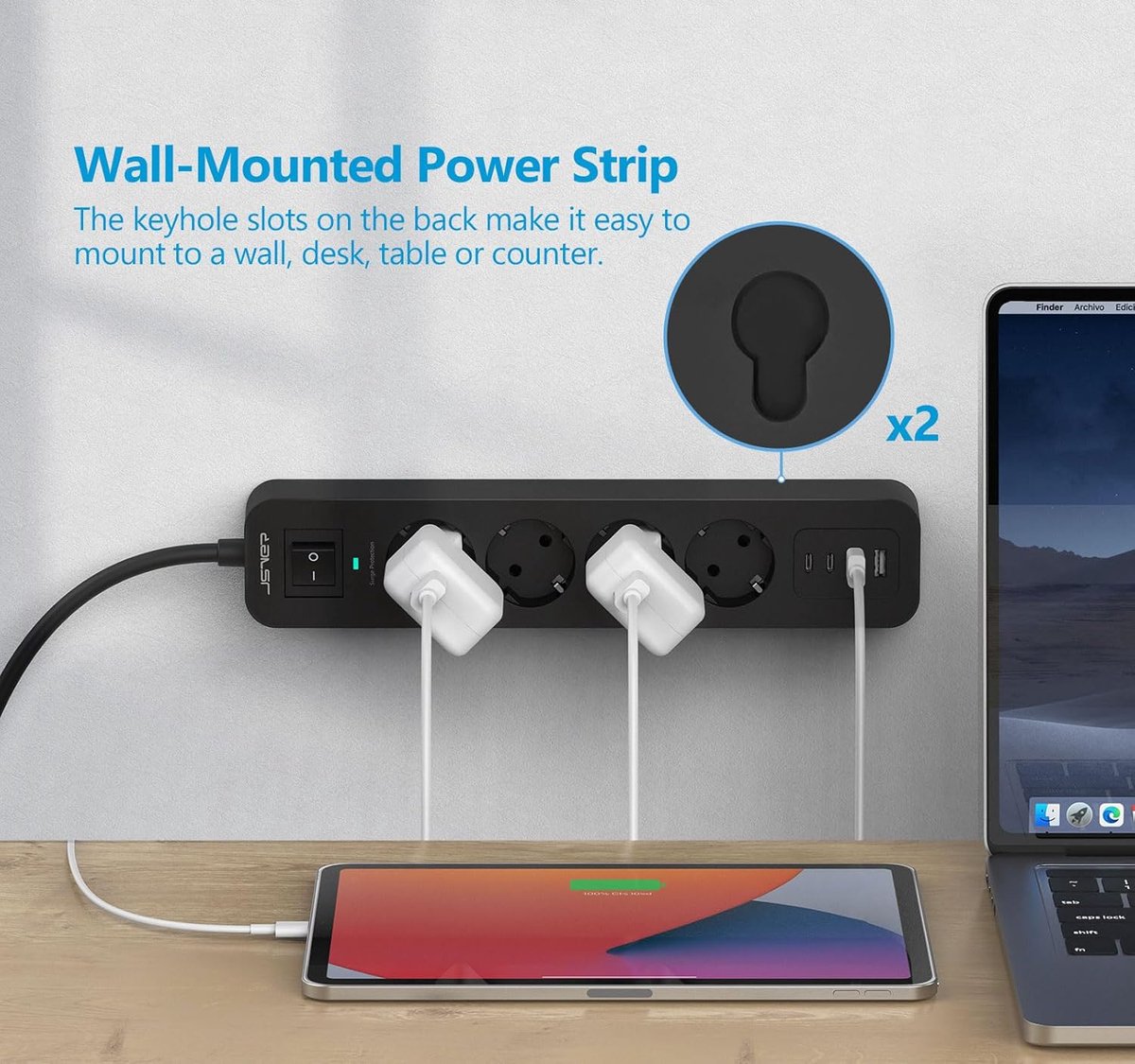 Thijox - Stekkerdoos met Overspanningsbeveiliging 3680W 16A - 4 Sleuven - 2 USB A & 2 USB C - Verdeeldoos met Schakelaar - Verlengkabel 2M Zwart voor