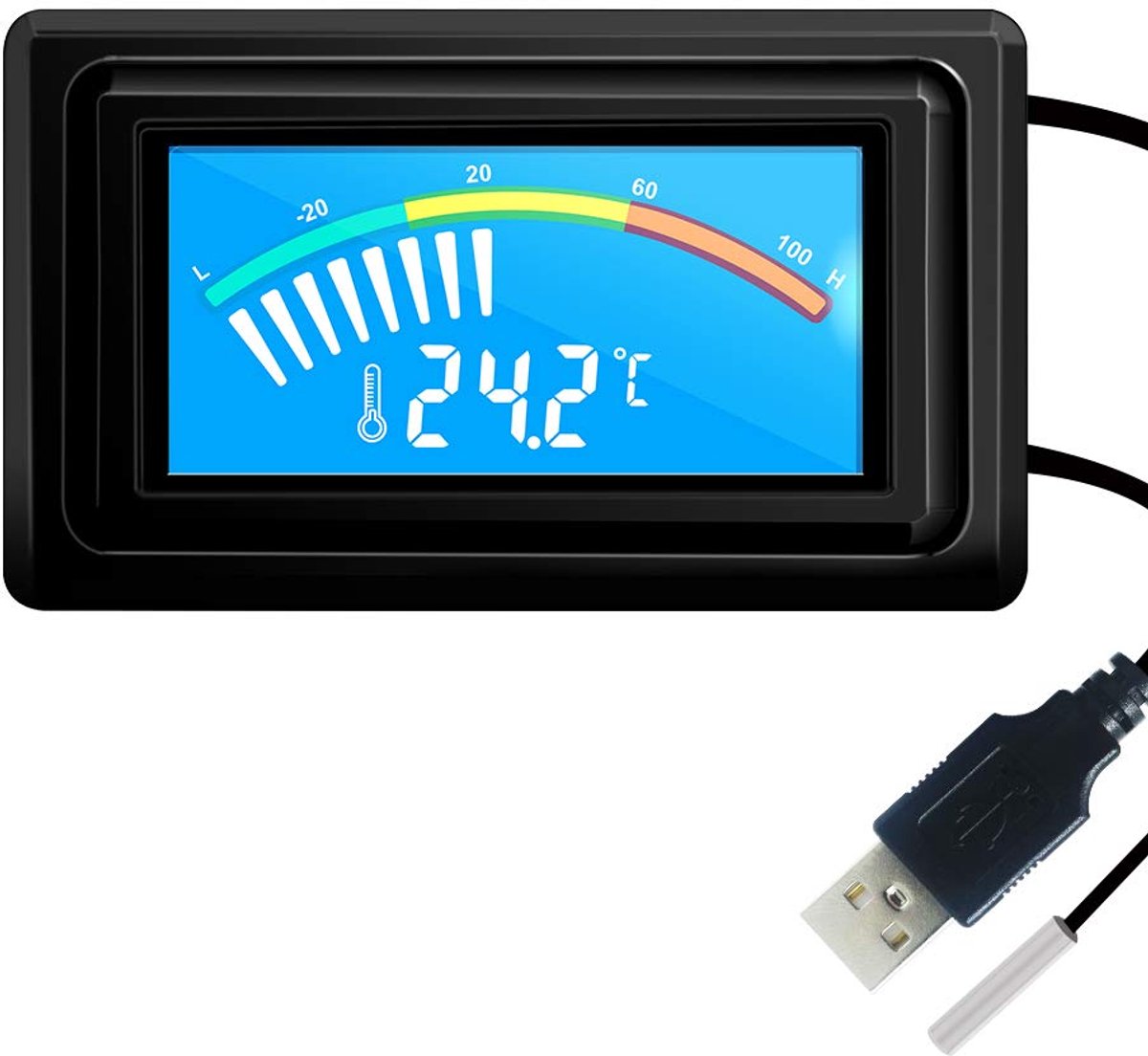 Thijox - Digitale Thermometer USB-temperatuurmeter -50~110℃ Waterdichte NTC-sonde voor Aquarium, PC, Kas, Koelkast en Freezer (DC 4~25V)