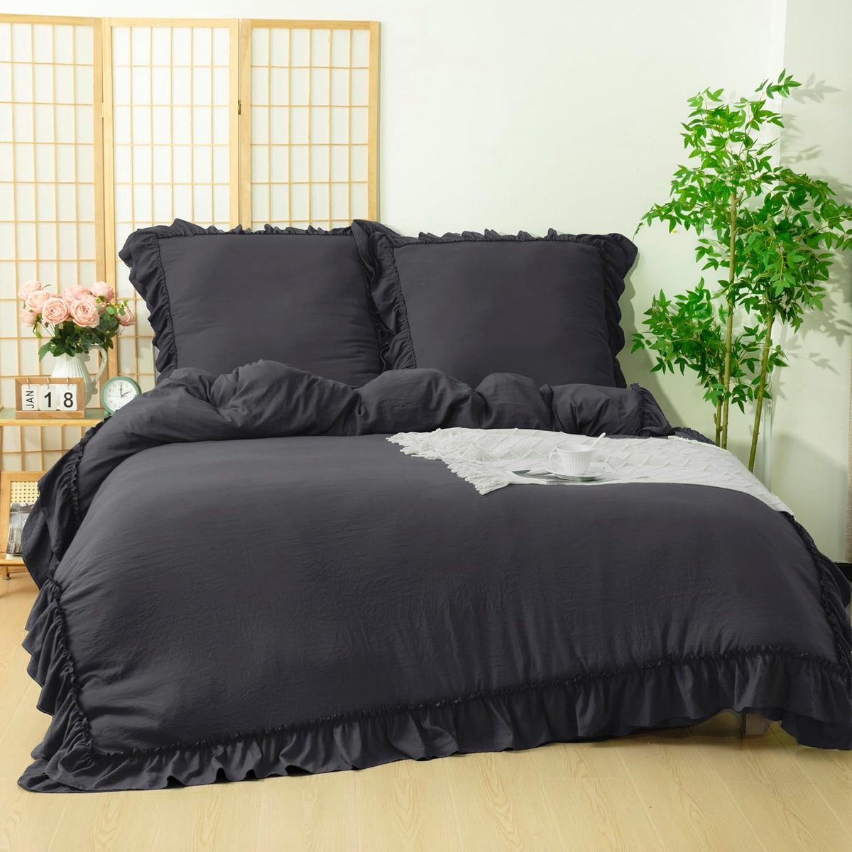 SnelShoppen - Ruffle Bed Linen Set 200 x 220 cm - 3-Piece Donkergrijs Superzachte Microfibre - Oeko-Tex Gecertificeerd - Dekbedovertrek met Twee-Wege