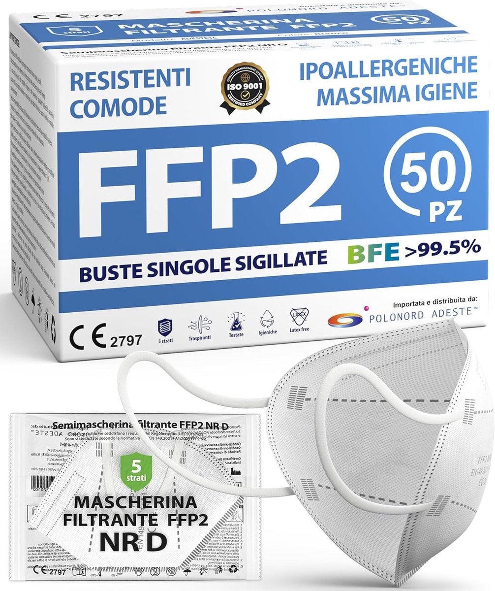 SnelShoppen - FFP2 Mondmaskers - Hygienisch 5-laags Stofmasker - EN149:2001+A1:2009 - 50 Stuks - Wit - Ademend en Hypoallergeen - Perfect voor Dagelij