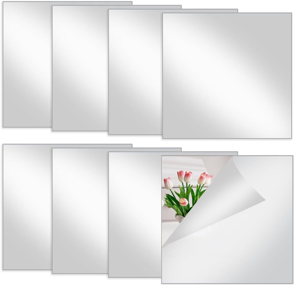 SnelShoppen - 8 Stuks Zelfklevende Spiegeltegels 20x20cm Acryl Spiegels, Flexibele Niet-Glas Spiegels, Frameloos, Ideaal voor Badkamer, Hal, Wanddecor