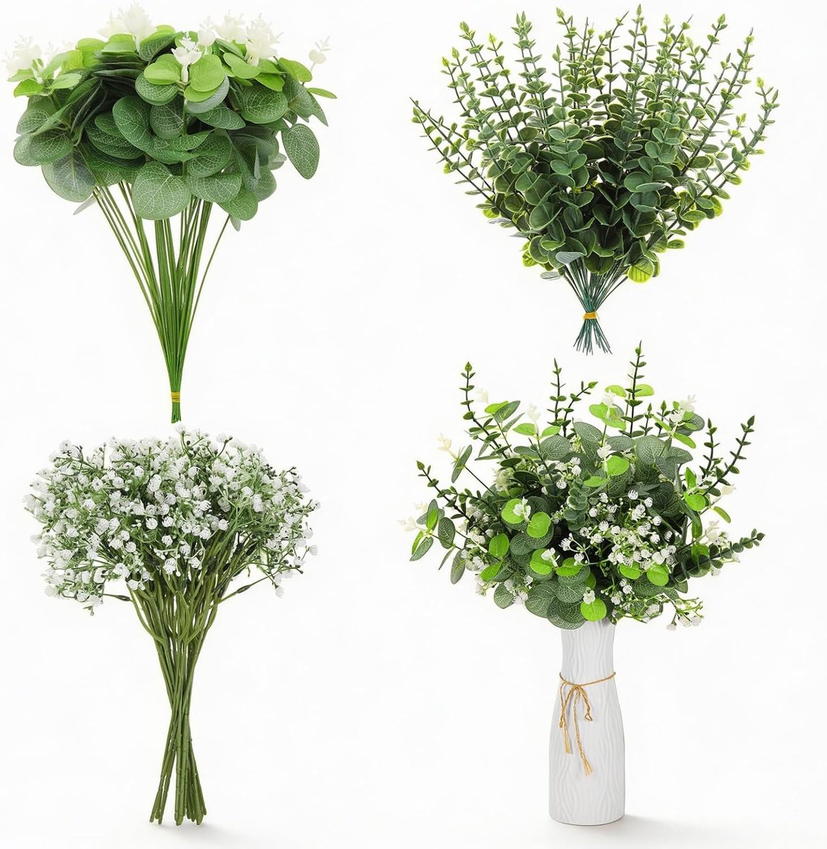 SnelShoppen - 100 Pcs Kunstmatige Eucalyptus Takken en Bloemen - Drogen Eucalyptus Bundel met Zilveren Dollar Bladeren voor Bruiloft, Huisdecoratie en