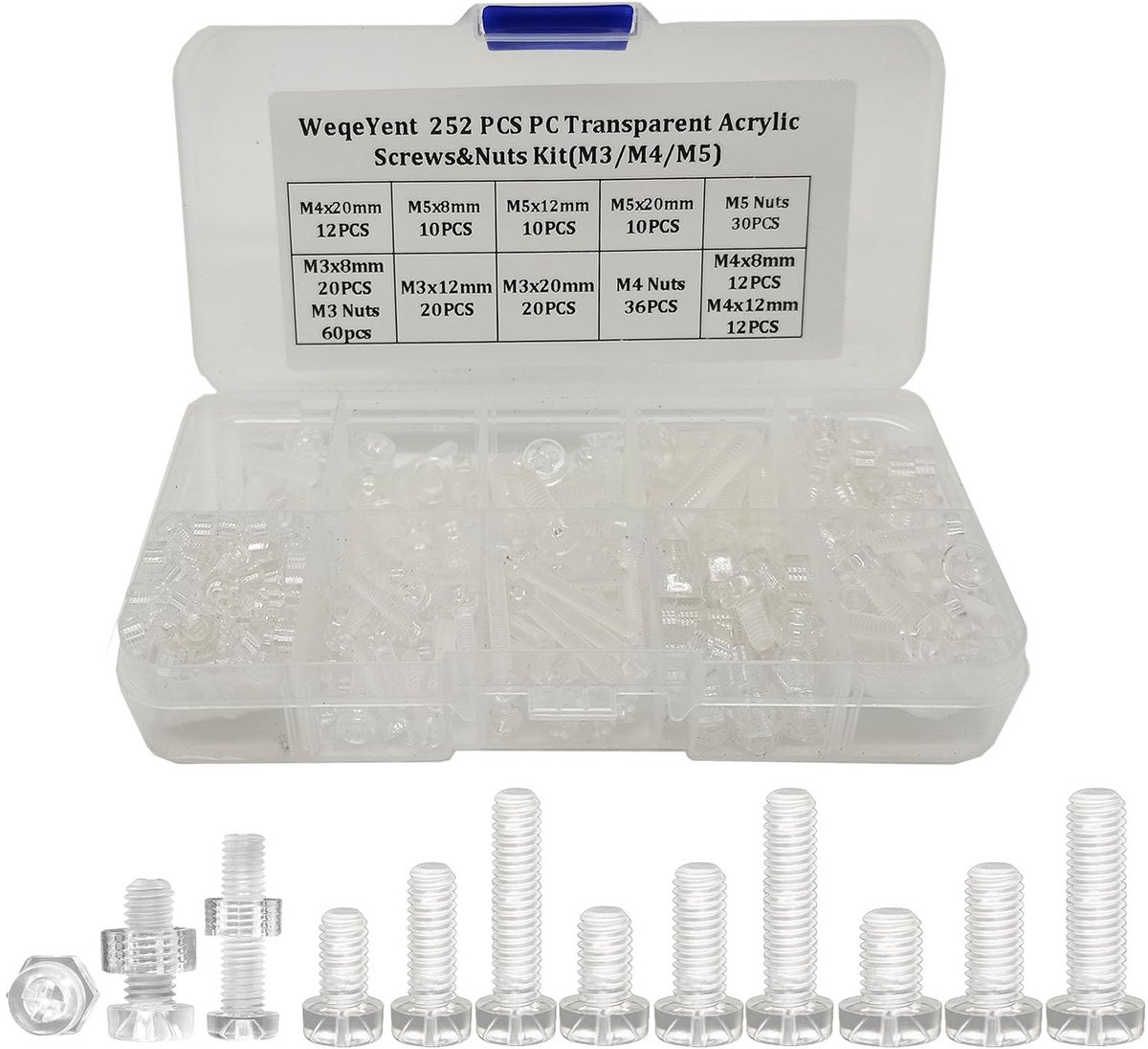 SnelShoppen - 252pcs M3/M4/M5 Plastic Clear Screws, Transparante Acryl Bouten en Moeren, Phillips Kruiskop Pan Hoofd, Ideaal voor Elektronica en Decor