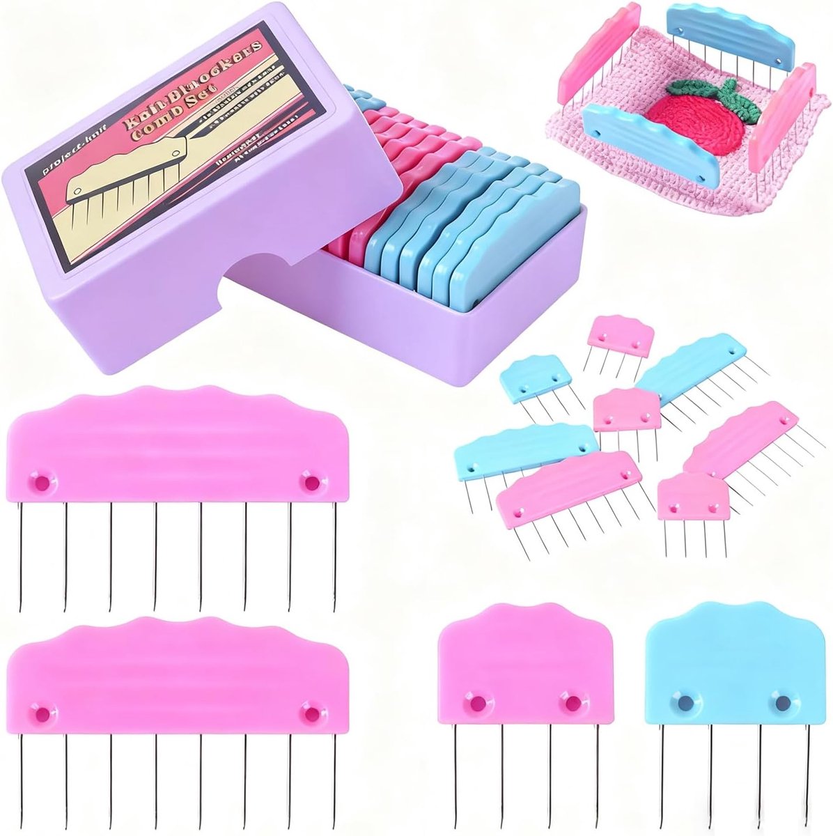 SnelShoppen - Brei- en haakspeldenset - Kam en vormpinnen voor sjaals, dekens - Pro materiaal (roze/lichtblauw) - Ideaal voor creaties in diverse mate