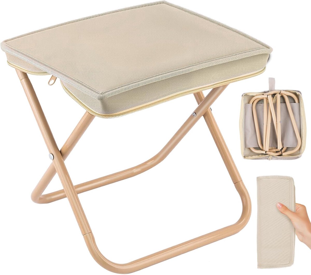 SnelShoppen - Kleine Draagbare Outdoor Vouwstoel - Campingstoel, Opvouwbare Stoel voor Hiking, Barbecue, Golfen - Khaki, Compact, Lichtgewicht, Met Dr