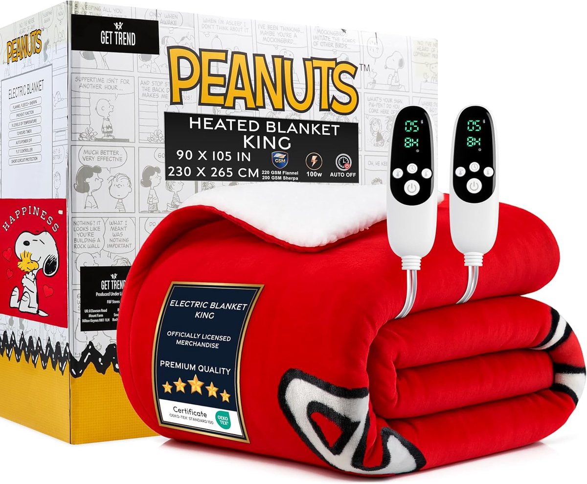 SnelShoppen - Peanuts Snoopy Elektrische Dekens, King Size 230 x 265 cm, Sherpa Fleece, 9 Warmte-instellingen, 12-Uur Timer, Automatische Uitschakelin