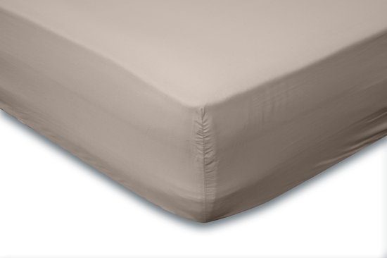 Drap-housse couleur sable en coton percale, finition lisse, hauteur de bonnet de 35 cm.