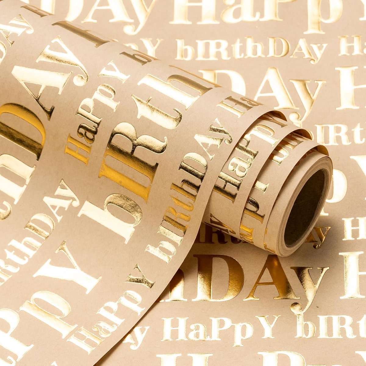 SnelShoppen - 3D Kraft Verjaardag Inpakpapier Rol - Mini-Rol 43,2 cm x 5 m - Goud en Bruin Happy Birthday Belettering - Perfect voor Feestelijke Cadea